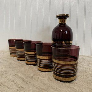 Vintage Bohemian Czech Glass Borske Sklo Amethyst Decanter & 5 Tumbler Glasses